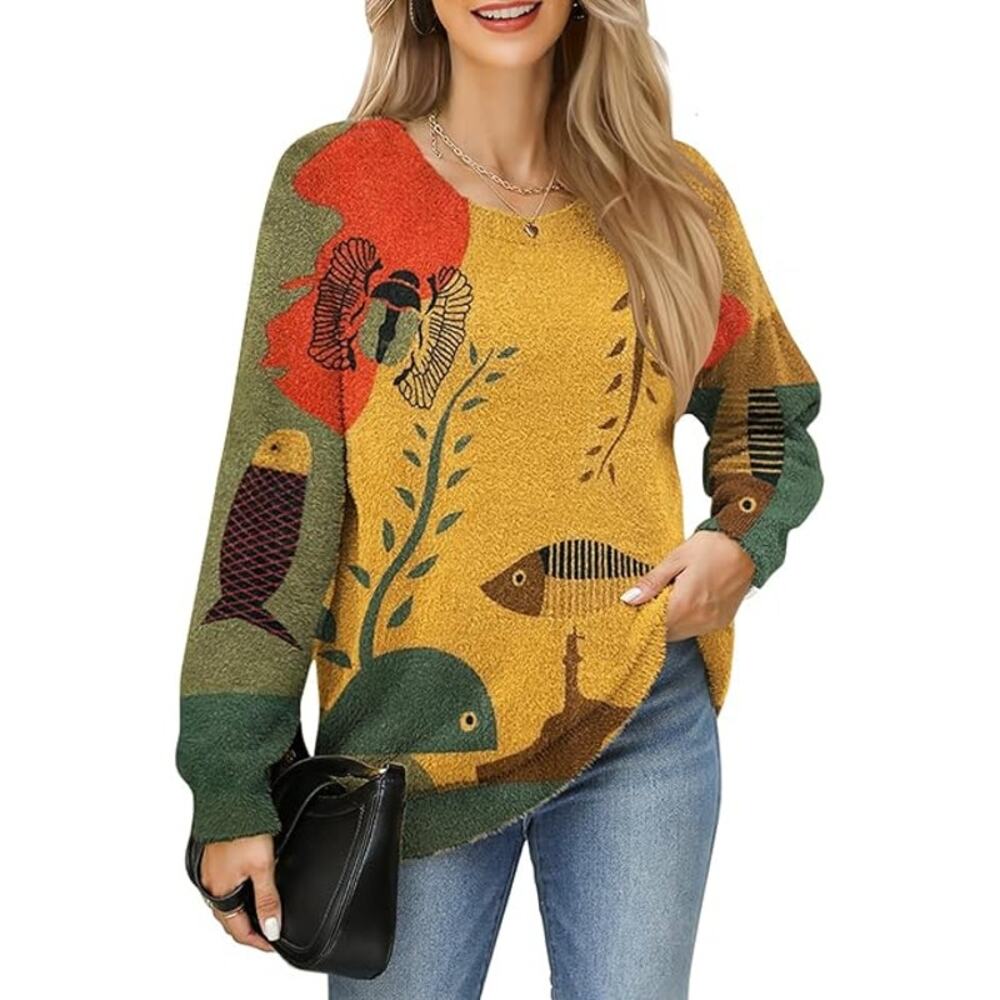 Oversized Cute Fish Warm Fuzzy Crewneck Long Knitted Pullover Tunic Sweater, M